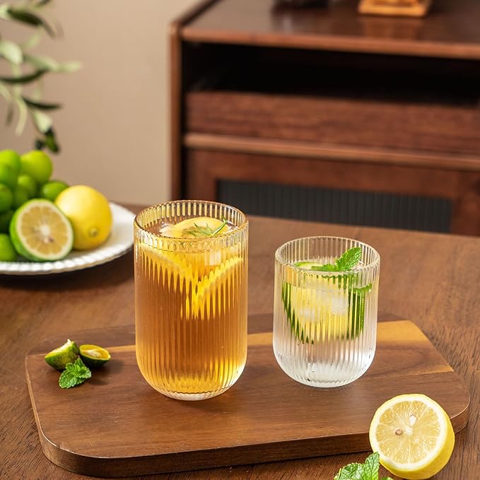 Ribbed Drinking Glasses 4pcs, Rocks Drinking Glasses 12oz and 10oz, Tumbler Glasses Cup Set for Wedding, Party, Christmas Gift, Clear