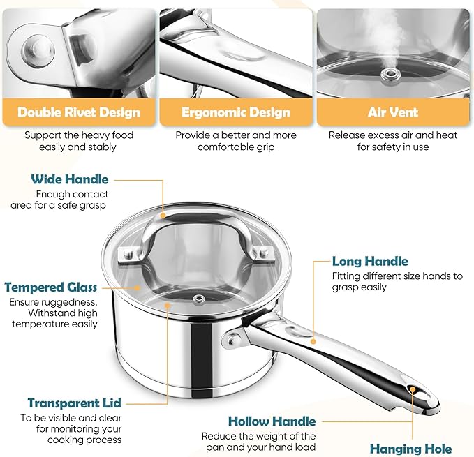 P&P CHEF 1 Qt Saucepan with Lid, Stainless Steel Small Cooking Pot, 1 Pan | Sauce Pan for Pasta, Soup, Tri-ply Base for Induction, Gas, Ceramic, Oven & Dishwasher Safe, Ergonomic Handle & Multi-use