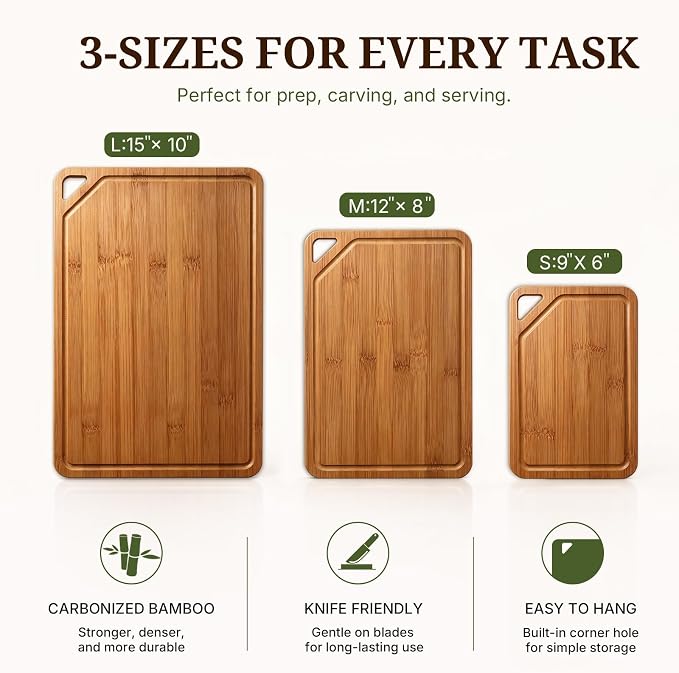 GASHELL Bamboo Cutting Board Set with Beeswax Coating for Kitchen(S+M+L) | Deep-Carbonized Chopping Board with Juice Grooves, Non-toxic, Lightweight, Reversible, Meal Prep & Serving