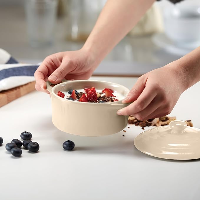 Kook Ceramic Mini Cocotte Set, Small Casserole Dishes with Lids and Handles, Individual Baking Ramekins, Oven, Microwave & Dishwasher Safe, Stoneware, 12 oz, Set of 4, Ivory