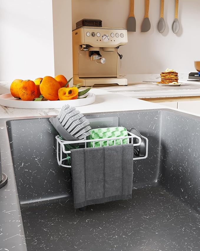 HapiRm Sponge Holder for Kitchen Sink, No Drill Kitchen Sink Caddy Organizer, Rustproof and Waterproof Dish Sponge Holder - White(8.65 * 3.54 * 2.36 in)