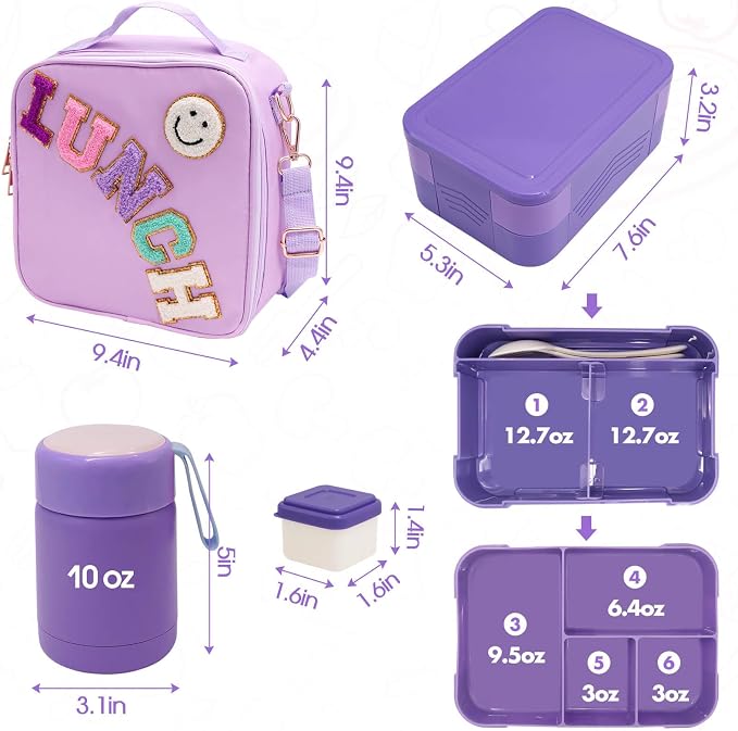 Preppy Lunch Box for Girls with 10oz Thermo, with 6 Compartment Bento Box, Purple Nylon Insulated Lunch Bag Adjustable Strap for Girl Kids Teens School Travel Picnic | Nylon Insulated Lunch Bag with Adjustable Strap, Ideal for Kids Teens School, Travel...