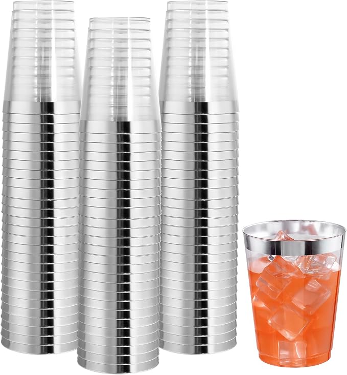 I00000 100PCS Silver Plastic Cups,10 oz Clear Plastic Cups with Silver Trim, Heavy-Duty Disposable Hard Cup For Party, Premium Cup Perfect for Wedding & Party