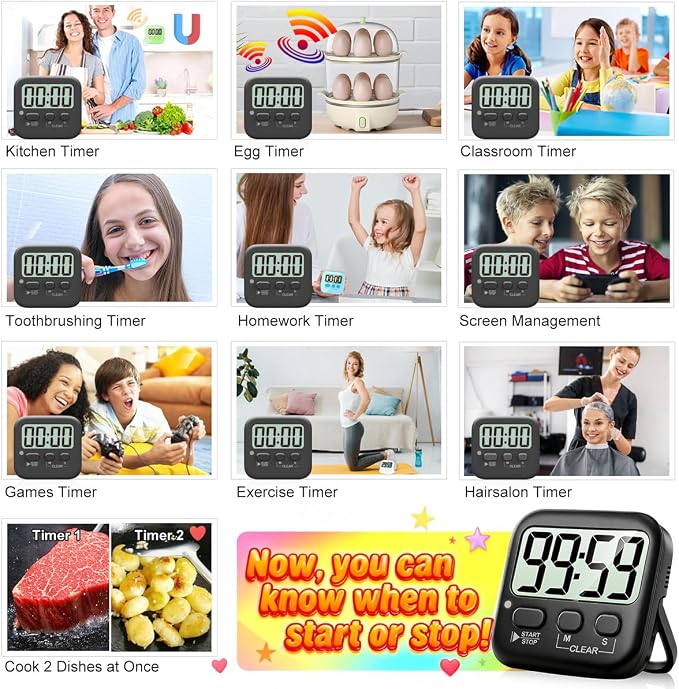2 Pack Digital Timer for Kids Classroom Kitchen Timers for Cooking | w/ Battery, Easy to View, Alarm, Mute Mode, Count Down/Up, Magnetic, Kickstand, Hanging, Classroom Timer for Teacher Supplies