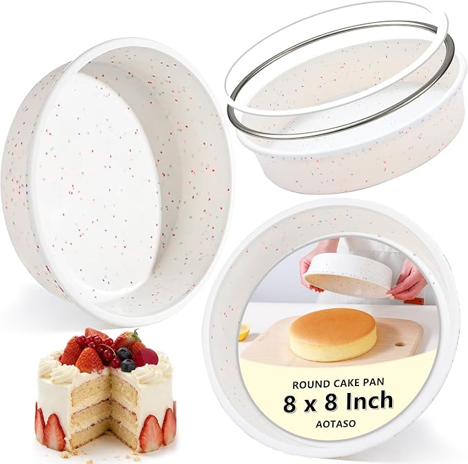 8 inch Silicone Round Cake Pans, Set of 3, Cream | Metal Reinforced Frame, Nonstick Cake Molds for Baking, BPA Free