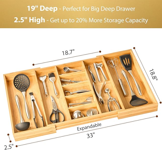 Extra Large Expandable Kitchen Drawer Organizer for Utensil and Junk, 19" Deep for Big Drawer, 19" to 33" Adjustable Bamboo Wood Drawer Divider, Cutlery Tray, Flatware Holder