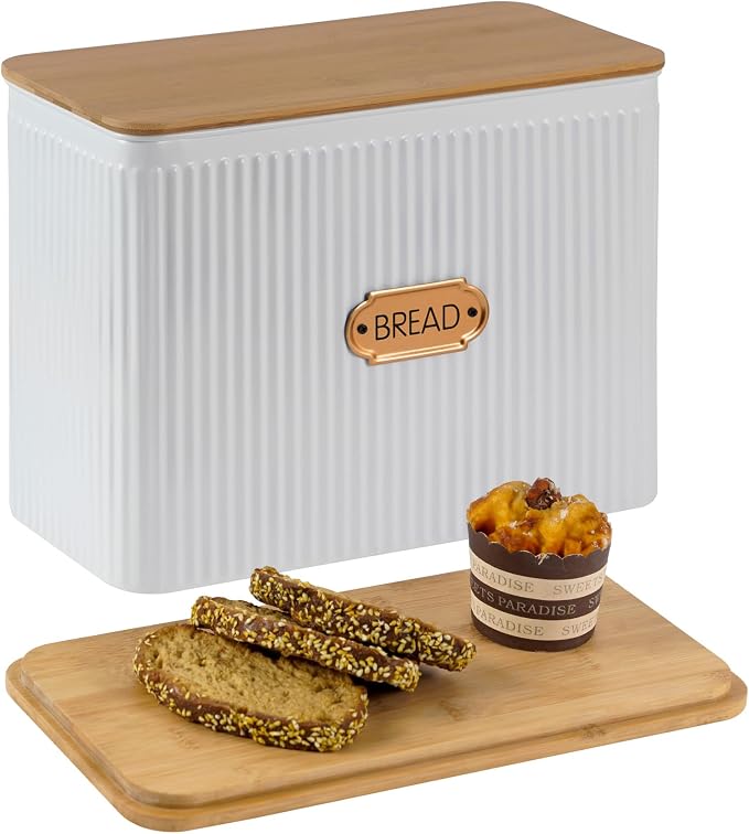 Extra Large Vertical Stripe Embossed Bread Box with Bamboo Lid | Corner Breadbox for Homemade Bread, White Metal Bread Storage Container Bin for Kitchen Countertop, Fits 2 Loaves of Bread