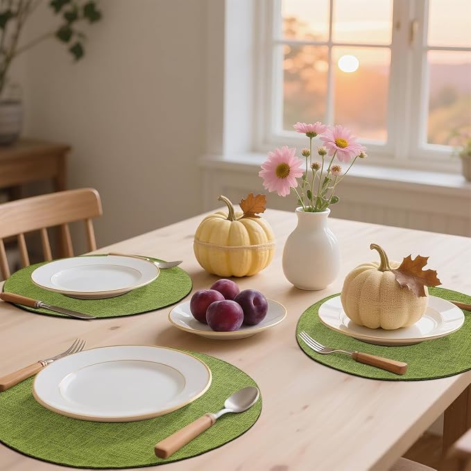 Cotton Linen 15 Inch Round Cloth Place mats, Set of 12, Grass Green | Washable Table Mats, Heat Resistant, Reversible, Wipeable Place Mats for Indoor Outdoor