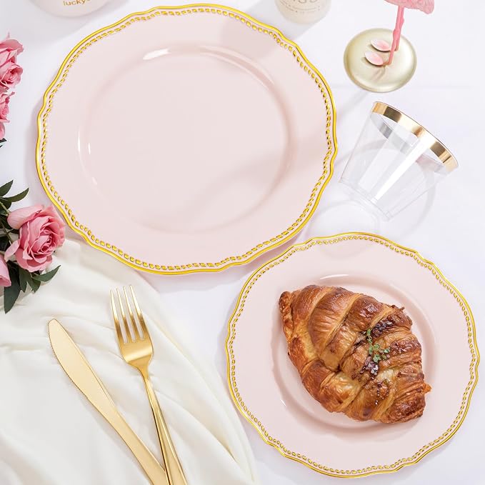350 Pcs Pink and Gold Plastic Plates for Wedding & Party | Pink Plastic Dinnerware Set Includes 50 Dinner Plates, 50 Dessert Dinnerware, 50 Cups, 50 Rolled Napkin Cutlery