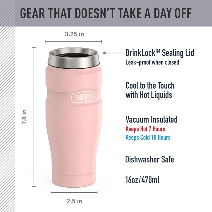 THERMOS Stainless King Stainless Steel Tumbler, 16oz, Matte Pink | Vacuum-Insulated Coffee Tumbler for Hot & Cold Drinks, For Commuting & Traveling