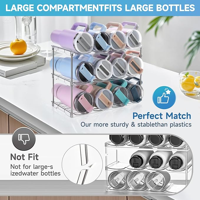 Larger Water Bottle Organizer for Stanley 40 oz Tumbler, Tumbler Organizer | Stackable Water Bottle Holder Rack for Cabinet, Kitchen Storage Organizer for for Stanley Cup Accessories, Tumbler Storage