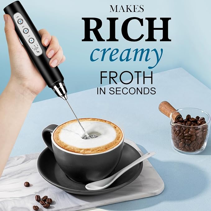 Milk Frother Wand Rechargeable Handheld Whisk Coffee 3 Speed Adjustable | Electric Whisk Drink Mixer with Stainless 3 Whisks Hand Frother , Foam Maker for Latte Cappuccino Matcha Egg Silver