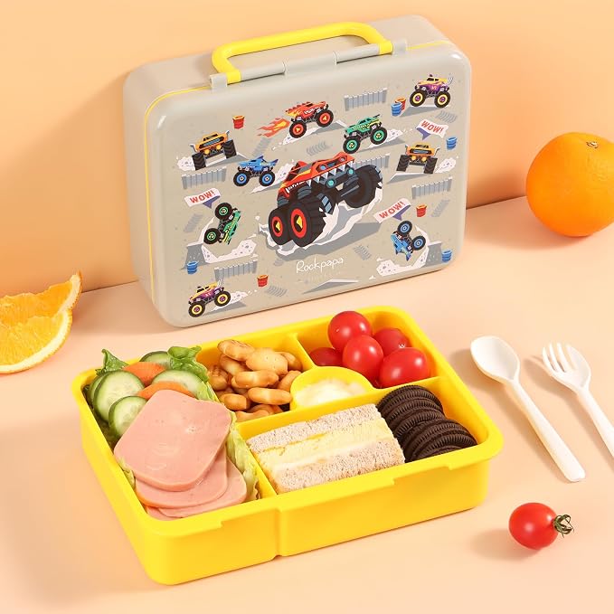 rockpapa Bento Box for Kids - Large 5.5 Cups Lunch Box with Utensils - 5 Compartments, BPA-Free, Leak Proof, Portable Handle for Boys Girls, Microwave/Dishwasher Safe (Grey Trucks)