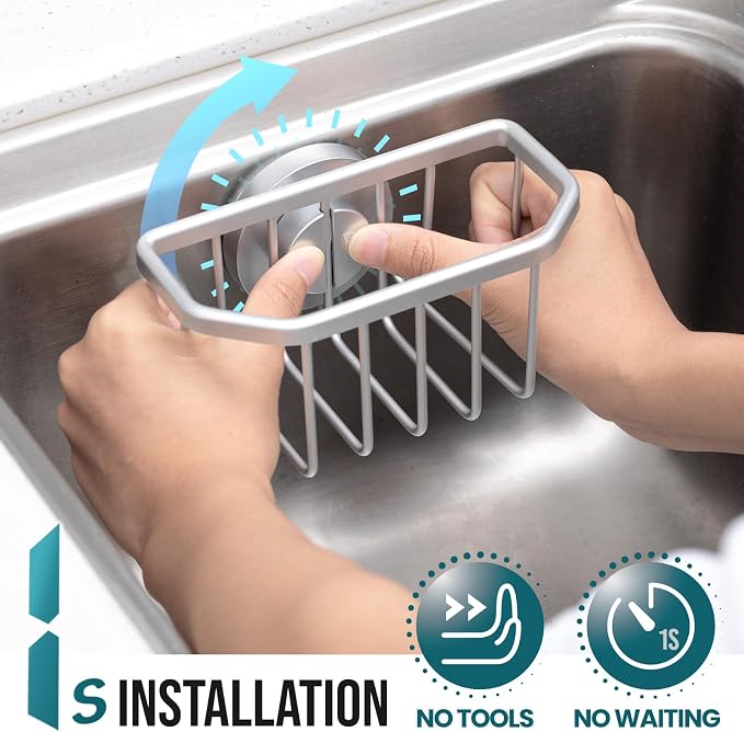 TAILI Sponge Holder for Kitchen Sink with Suction Cup-Silver, Aluminum | Rustproof Aluminum Sink Caddy for Sponges,Brushes,Stoppers & Scrapers,Removable Ventilated Quick-dry Design, holds Up 11lbs