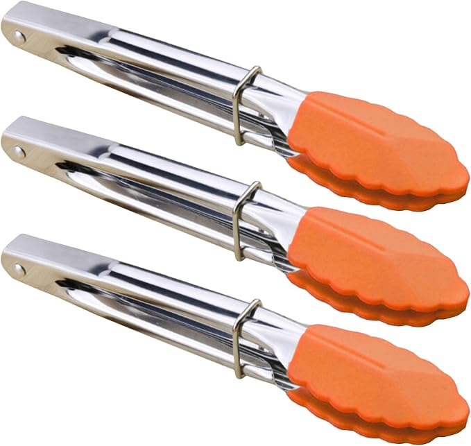 HINMAY 7-Inch Silicone Tipped Kitchen Tongs, Set of 3 (Orange)