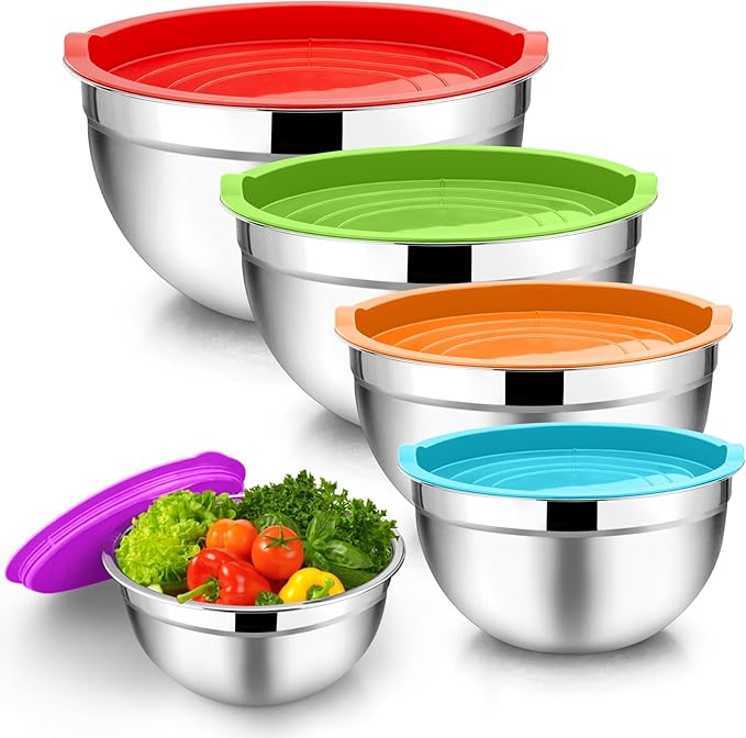 TeamFar Mixing Bowls Set of 5, Stainless Steel Metal Salad Bowls with Lids | 4.5/3/1.5/1/0.7 QT, Nesting Bowls for Mixing Prepping Serving, Non-Toxic & Sturdy, Airtight Lid & Easy Clean, Multi-Color