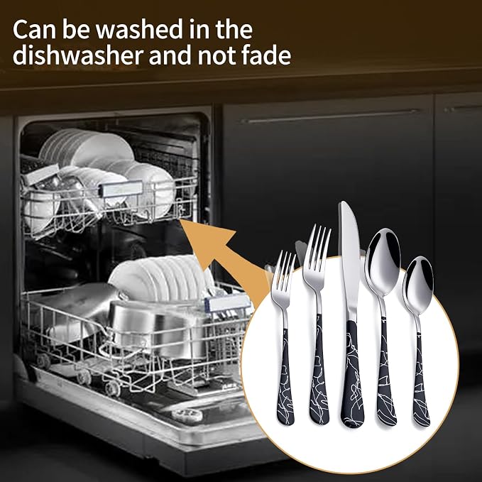 20-Piece Black crack Silverware Set 18/0 Stainless Steel Silverware Set Black crack Handle Cutlery Set Service for 4 Dinner Knives Forks Spoons Set Flatware Set Finish Dishwasher Safe
