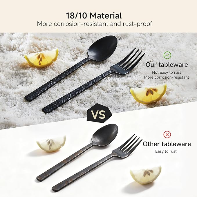 36 Pcs Black Hammered Silverware Set with Steak Knives for 6, 18/10 Stainless Steel Heavy Duty Flatware Set, Tableware Cutlery Utensil Sets for Home Restaurant Dishwasher Safe