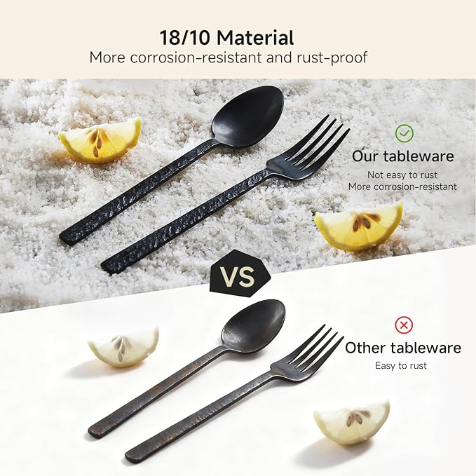 48 Pcs Black Hammered Silverware Set with Steak Knives for 8, 18/10 Stainless Steel Heavy Duty Flatware Set, Tableware Cutlery Utensil Sets for Home Restaurant Dishwasher Safe
