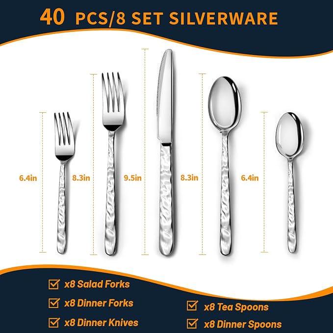 NICE KITCHEN Silverware Set, 40 Piece Heavy Duty Silverware Cutlery Sets | Premium Stainless Steel Flatware Set for 8 with Wavy Patterns, Spoons and Forks Set, Mirror Polished, Dishwasher Safe