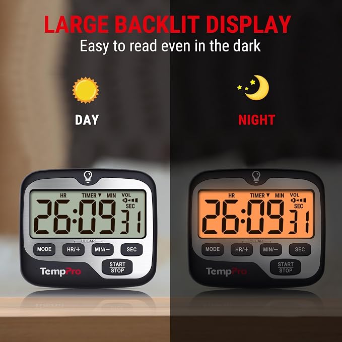 TempPro TM01 2-in-1 Kitchen Timers for Cooking with 12/24H Clock Mode | Magnetic Timer with Adjustable Alarm Volume, Digital Timer with Touch Backlight, Kids Timers for Classroom Teacher Supplies