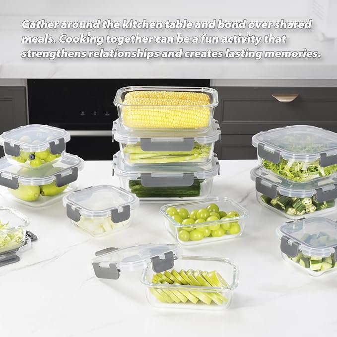 AILTEC 12 Pack Glass Meal Prep Containers Set, Airtight Snap Lids, 4 Sizes | 35.5/27.1/12.5/10.8oz, Leak Proof, BPA-Free, Microwave, Oven, Freezer & Dishwasher Safe, For Meal Prep, Leftovers & Lunch