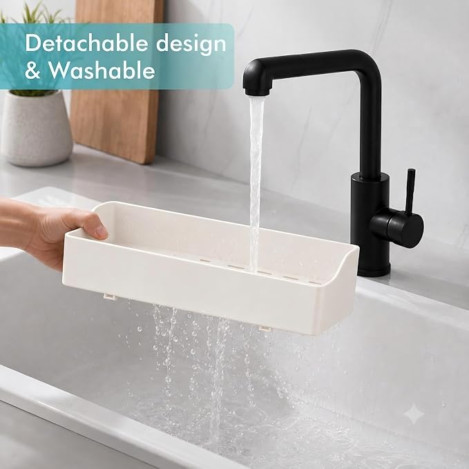 Sponge Holder for Kitchen Sink with Drying Stone, White | Kitchen Caddy Sink Organizer, 2 Removable Cups, Premium ABS, Anti-Slip, 12.7" Sponge and Soap Holder for Kitchen Counter
