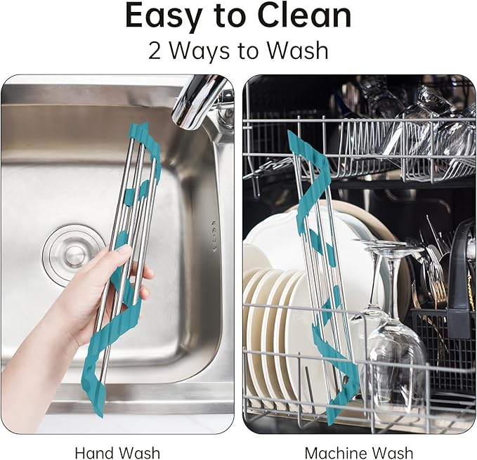 Tomorotec Triangle Roll-Up Dish Drying Rack for Sink Corner Small Foldable Stainless Steel Over The Sink Multipurpose Kitchen Drainer Caddy Organizer Storage Shelf Holder (Dark Green) | BPA-Free Food-Grade Silicone Edges Foldable Waterproof Rustproof H...