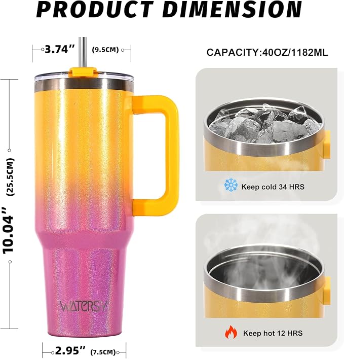 40 oz Shiny Tumbler with Handle and Straw,Stainless Steel Tumbler with Lid and Straw,Insulated Travel Mug(Cold for 34 Hours),Water Bottle for Iced Tea,Coffee (Yellow)