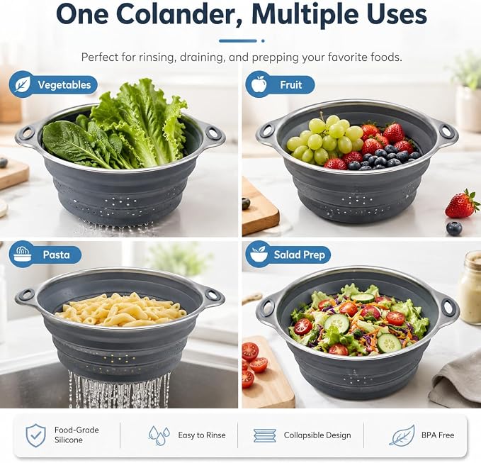 Mejoncb Collapsible Colander – Platinum Silicone Strainer with Stainless Steel Base, BPA-Free & Heat Resistant Kitchen Drain Basket (Gery)