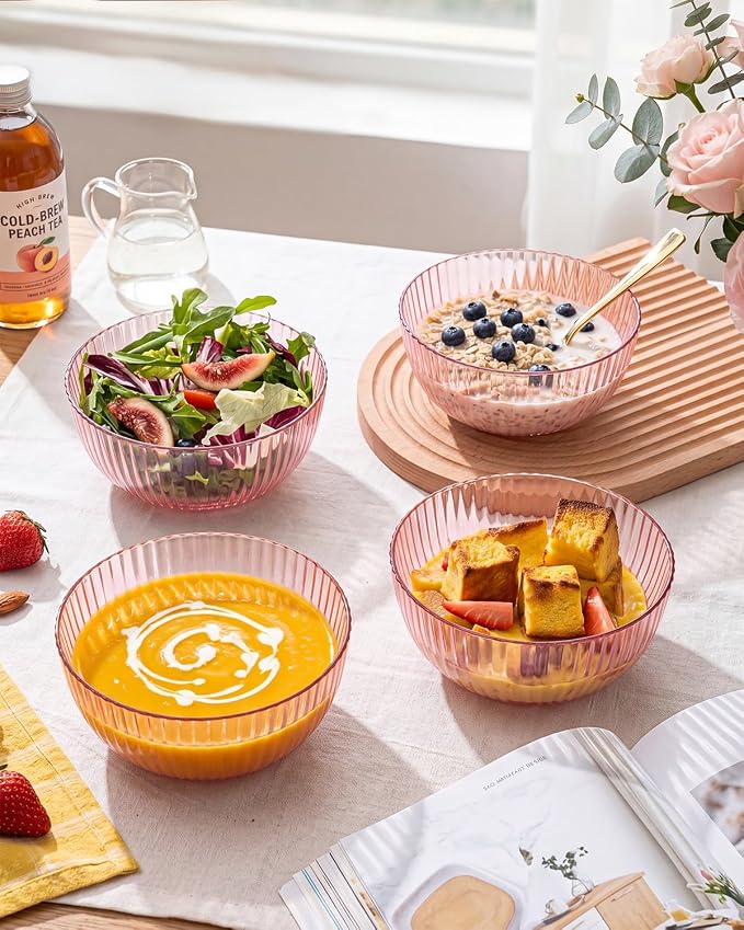 bUCLA 12 PCS Plastic Cereal Bowls Set - 28 Oz Clear Pink Disposable Vertical Stripes Serving Bowls for Snack, Salad, Dessert & Fruit