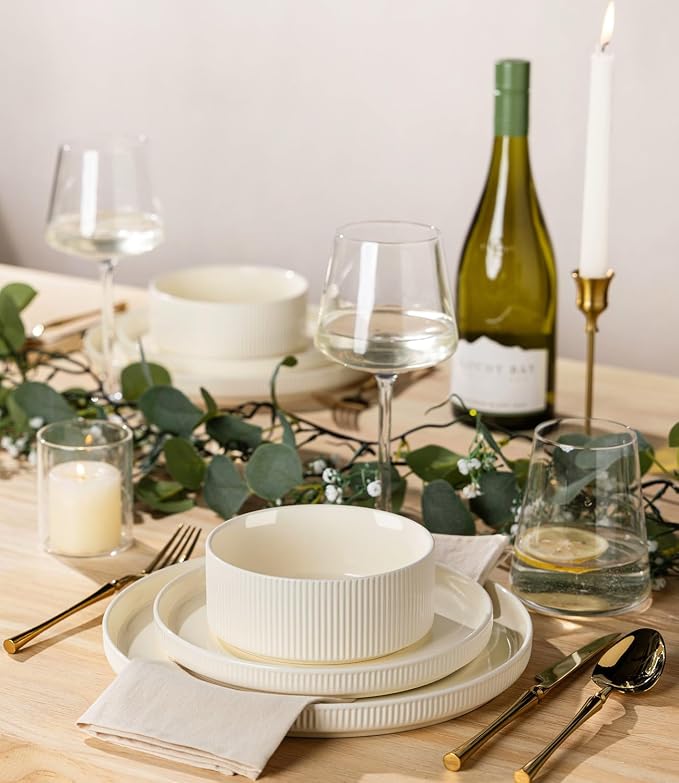 Ceramic Dinnerware Set for 4, 16-Piece Plates and Bowls Set | Lightweight Porcelain Dish Set, Scratch Resistant, Oven & Microwave & Dishwasher Safe, Beige
