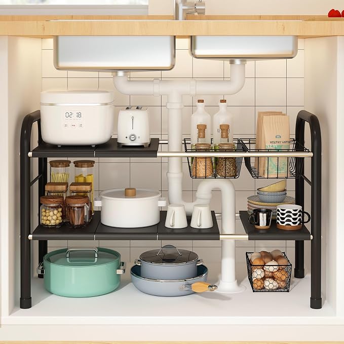 Expandable Under Sink Organizer, 2 Tier Under Sink Shelf | With 2 Removable Baskets and 6 Removable Panels, For Cabinet Sink Cloakroom Wardrobe Closet Storage, Black, 17.71”-32”Length