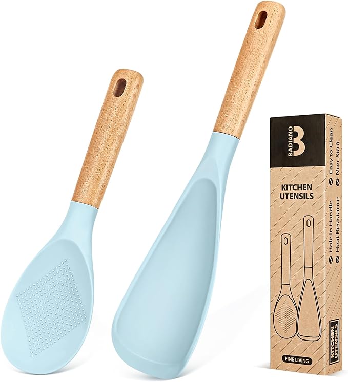 Cooking Spoon and Rice Scooper for Nonstick Cookware,Multi-function | Great for Cooking and Serving, Sturdy BPA-Free Matte Silicone, Wood Handle Spoon for Mixing, Scoop, and Scrape,9.3"+14.3"