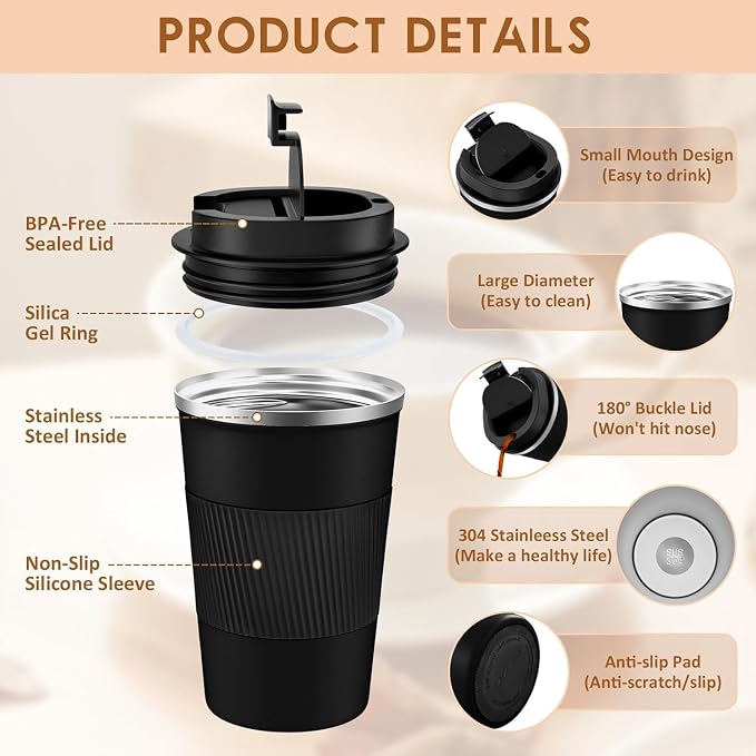 KETIEE Travel Mug 12oz, Vacuum Insulated Coffee Mug with Leakproof Lid, Travel Coffee Tumbler Stainless Steel Double Walled Reusable Coffee Cup for Hot and Iced Water (Black)