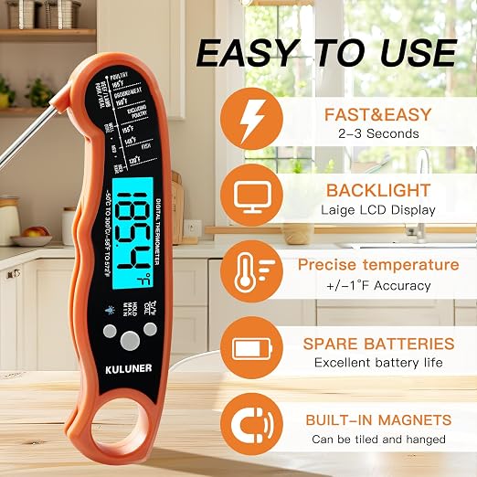 Digital Meat Thermometer Instant Read, Orange Waterproof Food Thermometer with 4.6" Folding Probe, Backlight & Calibration, 2-3s Fast Reading for Kitchen BBQ Grilling Cooking - Orange