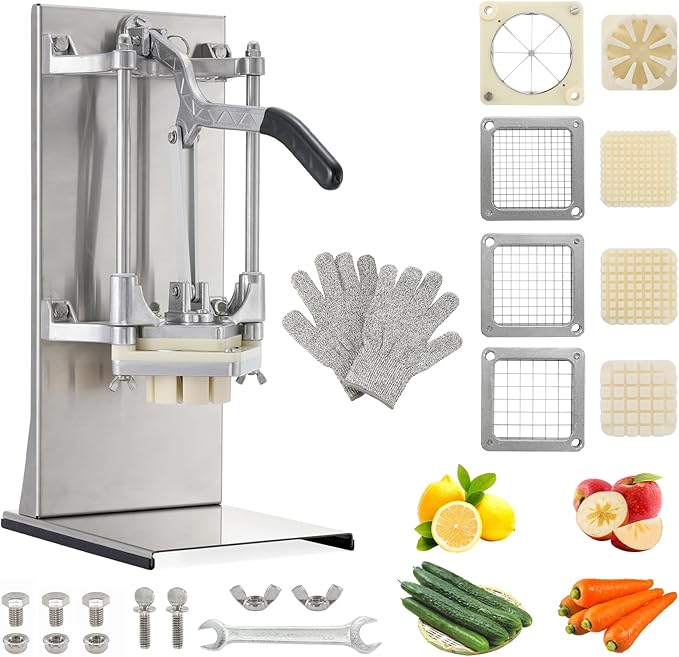 4-in-1 Commercial French Fry Cutter, 4-Blade Vegetable Chopper | 1/2", 3/8", 1/4" & 8-wedge blades, stainless steel, extended handle, stable base, wall or tabletop mount, easy-clean parts