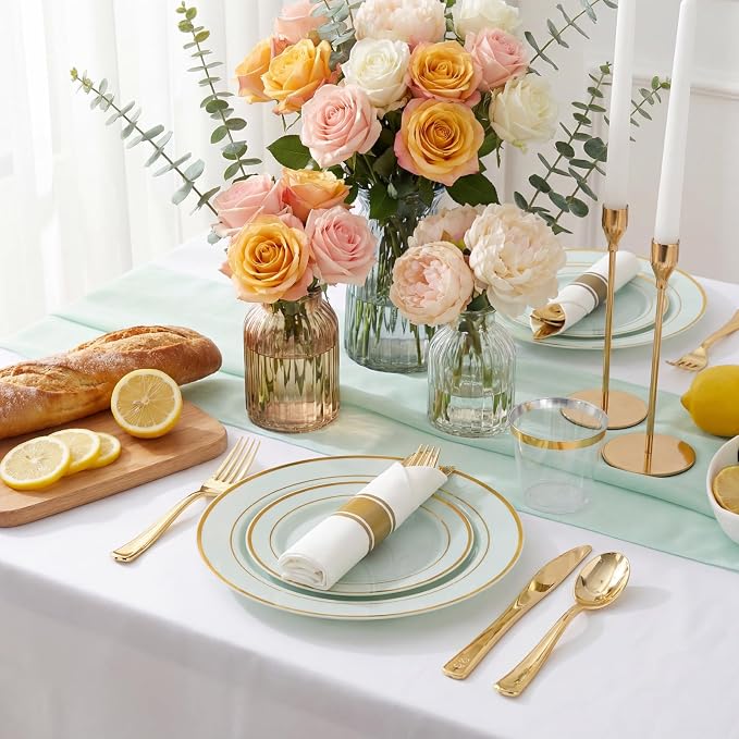 175PCS Sage Green Plastic Plates - Heavy Duty Green Plates Disposable - 25Guests Plastic Dinnerware with Rolled Napkins for Birthday/Baby Shower