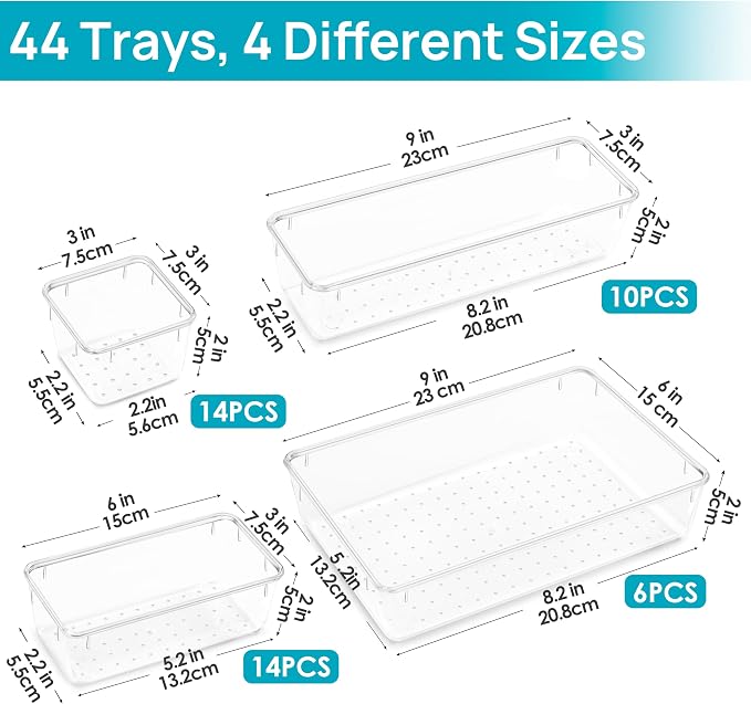 Vtopmart 44 PCS Clear Plastic Drawer Organizers Set, Vanity Organizer Trays | 4-Size Versatile Makeup Organizer, Non-Slip Storage Containers for Makeup, Jewelries, Bedroom，Kitchen Utensils and Office