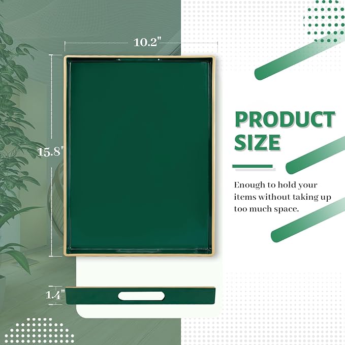 Dark Green Decorative Tray for Ottoman, Serving Tray with Handles | Plastic Coffee Table Tray, Modern Melamine Tray, Rectangle Countertop Organizer Tray for Living Room, 15.8"L x 10.2"W x 1.4"H
