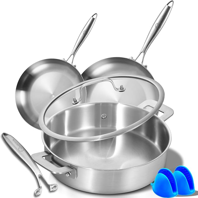 8.5-10 Inch & 6QT Tri-Ply Stainless Steel Pan Set wih Lid | Multi-Purpose | Induction Cooking Skillet | Jumbo Cooker | Dishwasher & Oven Safe | Compatible with All Cooktops | Two Handles for Conversion