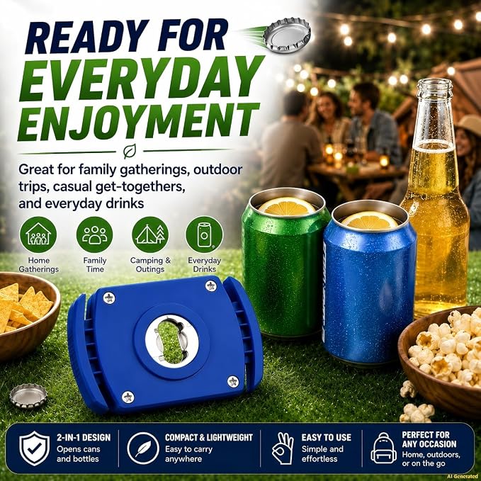 Aluminum Can Opener with Soft-Edge Lid Remover – Handheld Safety Manual Can Opener for 8-19 oz Beer & Soda Cans, Smooth Rim, No Sharp Edge, Blue – Household Bar Tool