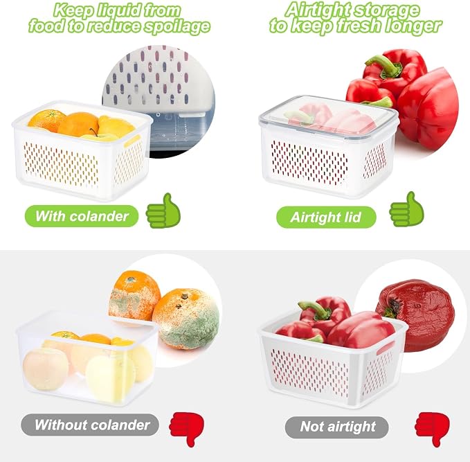 10 Pieces Fruit Storage Container for Fridge,with Removable Colander | 5 Pack Plastic Airtight Storage Container for Fruit Berry Salad, BPA Free Kitchen Refrigerator Organizers