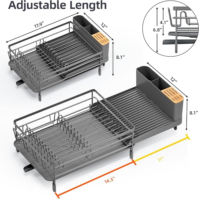 Urackify Extendable Dish Drying Rack, 18.5"-26.7" L x 12.7" W, Gray | Multifunctional large dish rack with cup holder and built-in cutlery holder for versatile drying needs