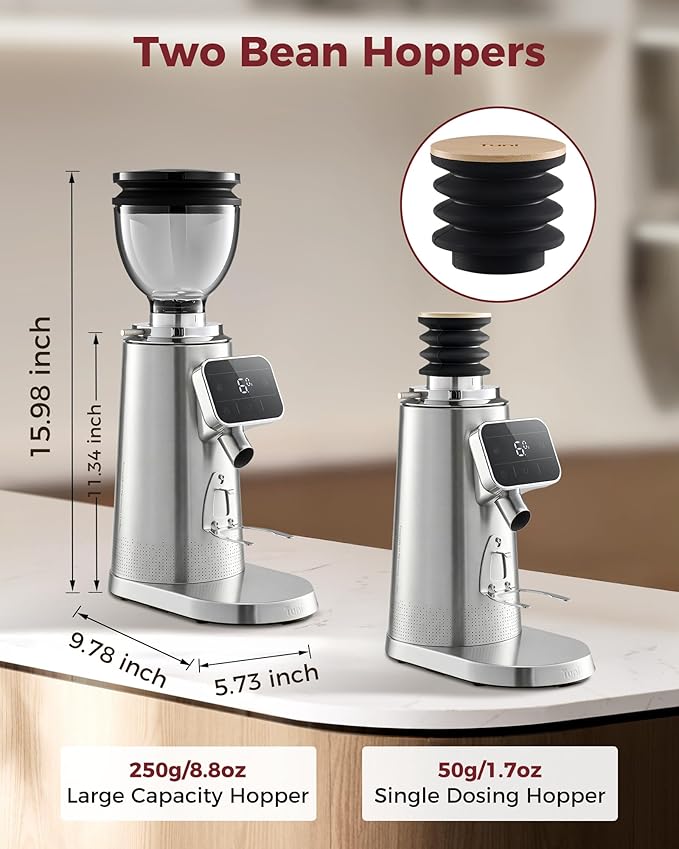 Tuni G3 64mm Flat Burr Electric Coffee Grinder with 100 Grind, Silver | Commercial Grade Espresso Grinder with Single Dose Set, Touchscreen Display, Anti-Static Tech, Stainless Steel