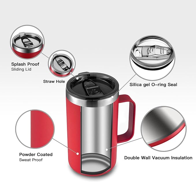 KXIAOCHEN 2-Pack 20 oz Insulated Coffee Mugs, Coffee Cups with Wide Handles | 18/8 stainless steel, sliding lids, 6+ hours hot or 12+ hours cold, wide mouth, no-sweat, for office, home, camping and gifts