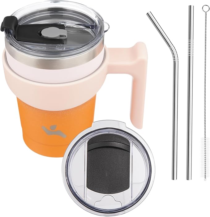 Konokyo 10 oz Tumbler with Handle and Straw, Insulated Travel Mug | Coral; BPA-free, leak-proof tumbler with 2 lids, 2 straws, cup holder fit for coffee, office, travel & daily use