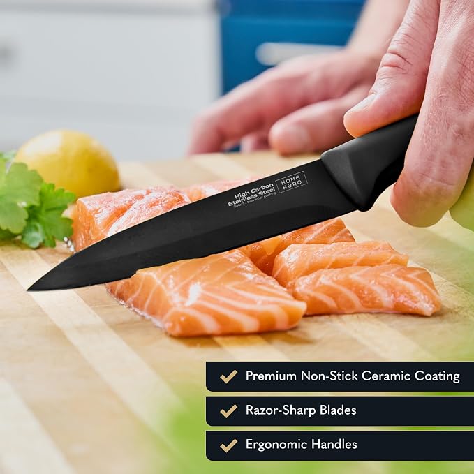 Home Hero High Carbon Stainless Steel Knife Set - Chef Knife Set Precision Slicing & Versatility - Nonstick Ceramic Coated Blades & Easy Cleaning - Ergonomic Handles & Secure Grip - 12-Piece, Black | High Carbon Stainless Steel Chef Knife Set - Ceramic...