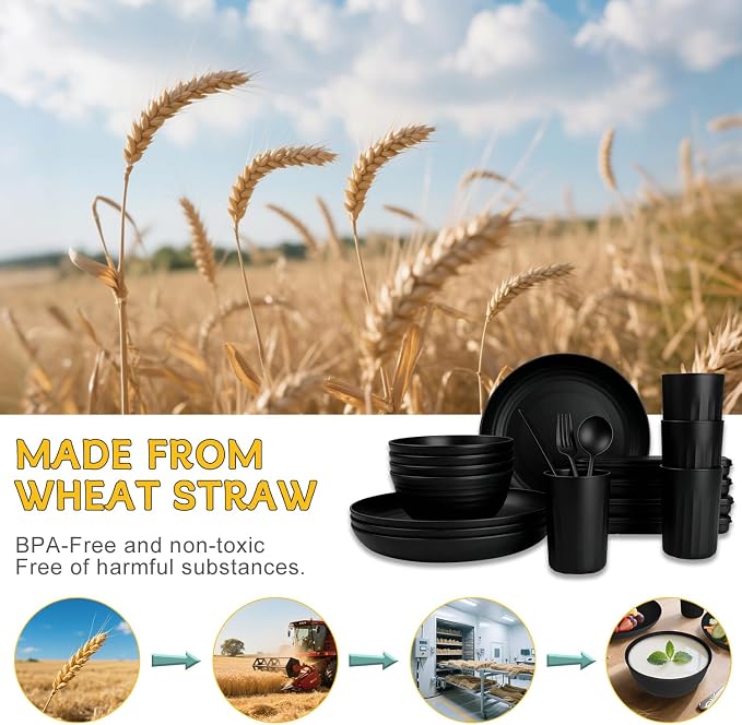 PYRMONT Dinnerware Set Wheat Straw Bowls and Plates Set Unbreakable Kitchen Dishes Service for 4 Microwave & Dishwasher Safe Plastic Dish Set for Camping,RV,Picnic-Black