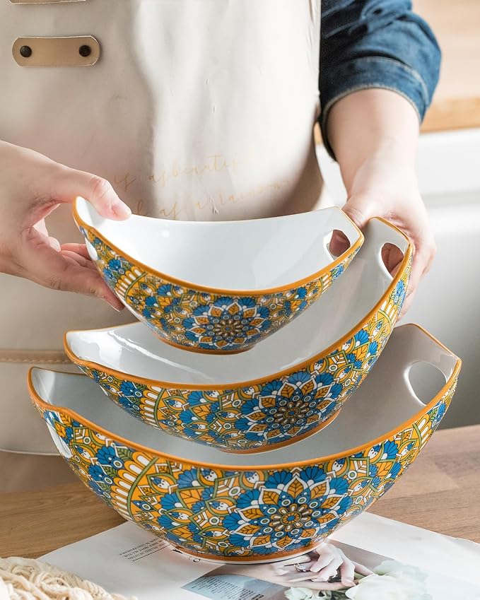 LAUCHUH Serving Bowls with Handles, Bohemian Porcelain Serving Dishes | Mixing Bowls for Entertaining Colorful Nesting Bowls Salad Bowls for Kitchen, Thanksgiving, Set of 3, 15/28/49 oz, Blue & Red